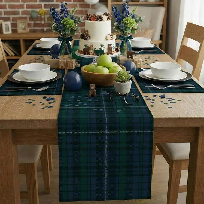 Gilprop 6 Pcs 72 x 13'' Tartan Plaid Table Runner Blue and Green | Vintage Bear Babyshower Birthday Party Dining Decor, Checkered Cloth for Home Kitchen Farmhouse, Reusable Fabric Sets