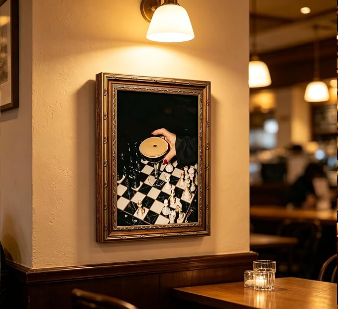 Vintage Gold Framed Martini Bar Wall Art, Moody Cocktail and Chess Canvas Print, Dark Espresso Martini Painting Picture, Chessboard Aesthetic Poster Print Artwork for Kitchen Dining Room Home Bar