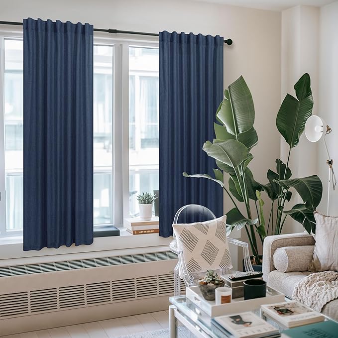 Navy Blue Curtains 72 Inch Length for Living Room Pair Set Back Tab Pocket Linen Panel Light Filtering Semi Sheer Dark Blue Curtains for Bedroom Door Picture Window Village Apartment Canopy 52x72 Long