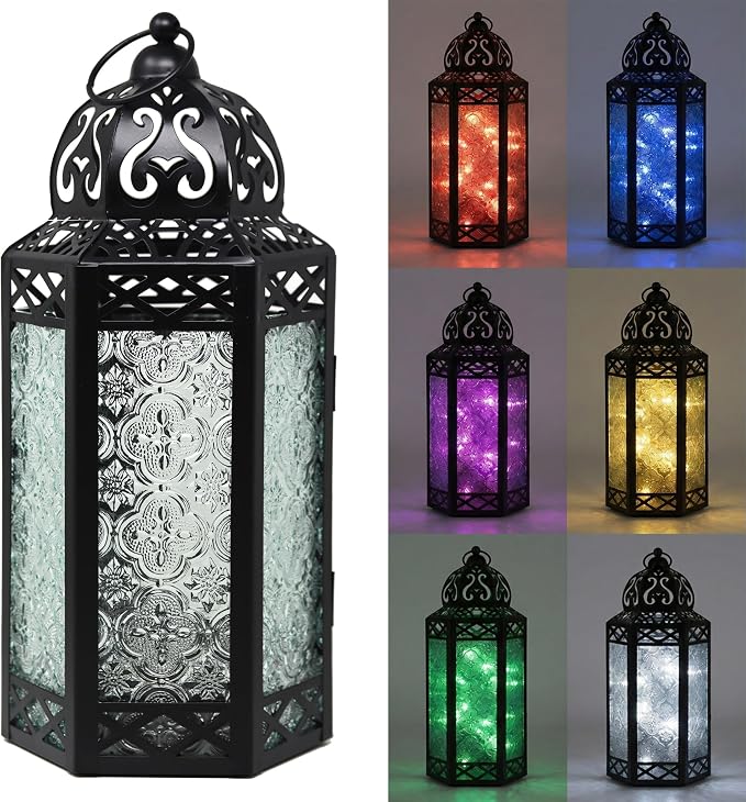 Vela Lanterns Decorative Indoor Fairy Light Color Changing Candle Holder, L | Diwali Ramadan & Eid Decorations, Fantasy Multicolor Moroccan Decor, Turkish Metal Hanging Lamp, Outdoor, 12" Tall
