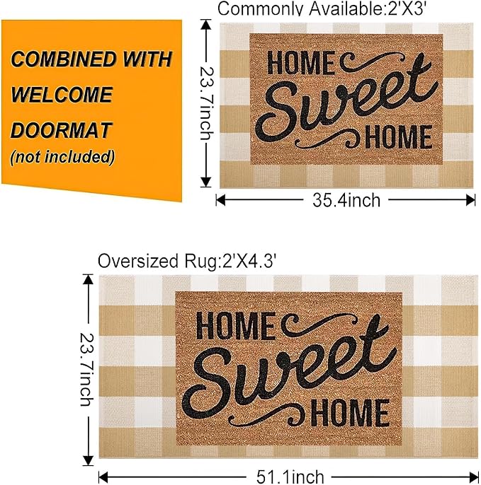 Front Door Mat Outdoor 24''x35''Khaki and White Washable Entryway Rugs Cotton Farmhouse Layered Doormat for Hello/Welcome Entryway,Porch,Bedroom,Bathroom