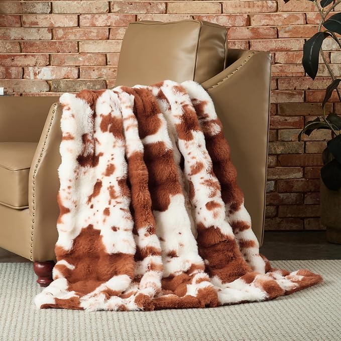Lotus Karen Faux Fur Throw Blanket Cow Print-Light Brown, Fluffy Fuzzy Plush Bubble Blanket for Couch, 108x90 Inches Cozy Shaggy Rabbit Blanket, Luxury Decorative Gifts for Sofa Bedroom Living Room.