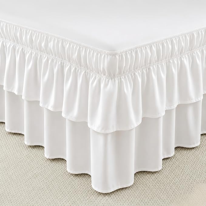 RIMELA Ruffle Bed Skirt Warm White Queen 15 Inch Drop, Elastic Wrap Around Bed Skirting Queen Size, Easy to Install Dust Ruffle, Machine Washable Soft Fabric, Multi Ruffle Bedskirt