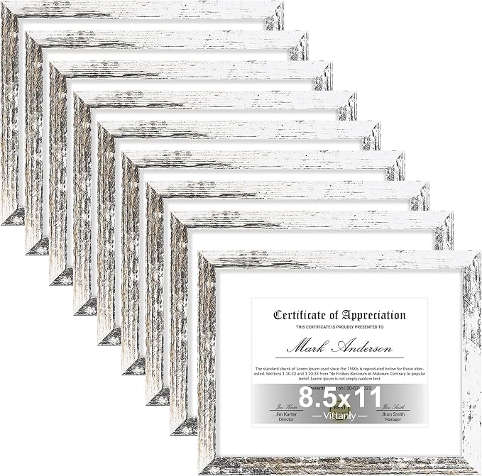 Vittanly 8.5x11 Picture Frames Set of 9, Wall & Tabletop, Distressed White | Certificate Frame Display Pictures 6x8 with Mat or 8.5x11 without Mat, Diploma Document Degree Frames, Engineered Wood
