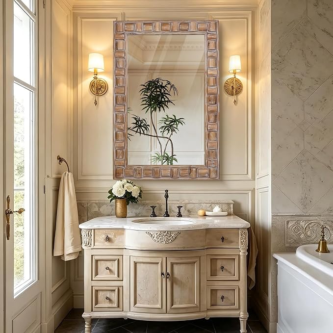 36x24 Inch Rustic Rectangle Wall Mirror | Solid Wood Frame Bathroom Vanity Mirror for Over Sink, Entryway, Living Room & Bedroom