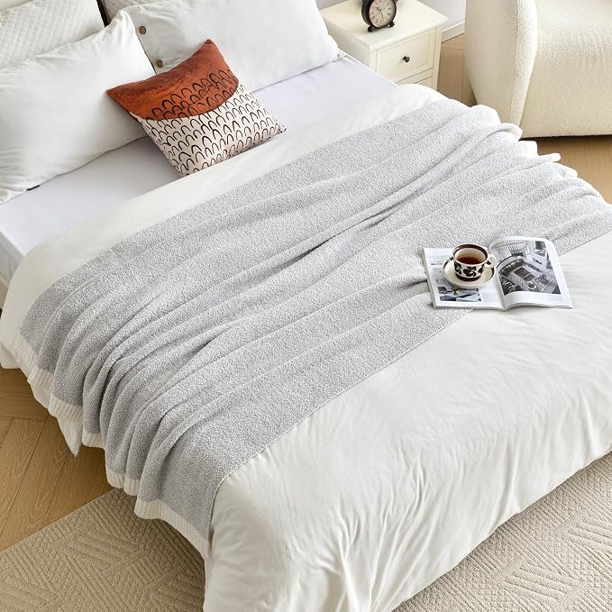 Chunky Knit Boucle Throw Blanket, Soft Washable Coastal Blanket for Bed Couch, Lightweight Cozy Oversized Feather Knit Blanket Indoor Outdoor for Sofa (Grey, Twin 60"x80")