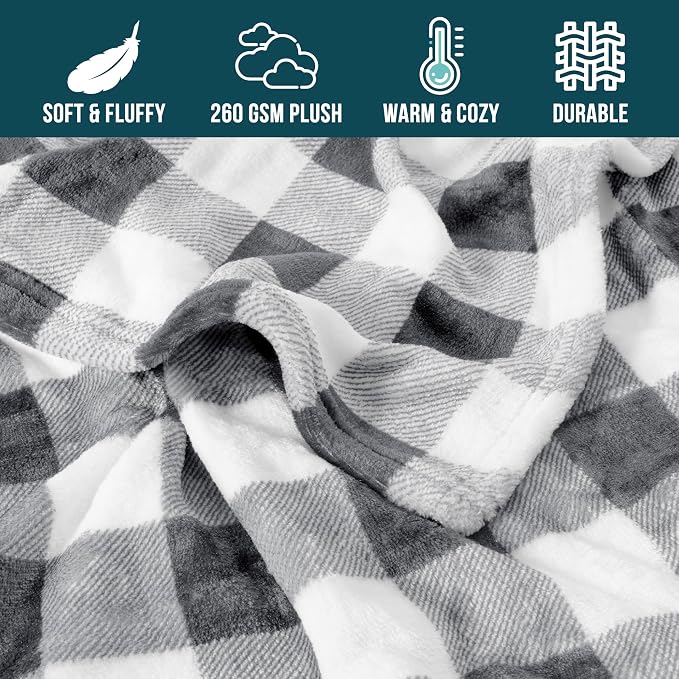 PAVILIA Light Grey Buffalo Plaid Throw Blanket for Couch, Soft Checkered Flannel Fleece Blanket for Sofa, Grey White Plaid Decorative Couch Throw, Warm Cozy All Season Fall Blanket Decor Gift, 50x60