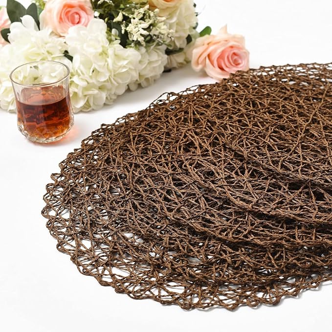 IcosaMro Brown Round Placemats Set of 12 for Dining Table, 13 Inches Paper Woven Boho Small Decorative Tan Circle Place Mat for Wedding Christmas Thanksgiving Day Holiday Dinner, Tan Brown