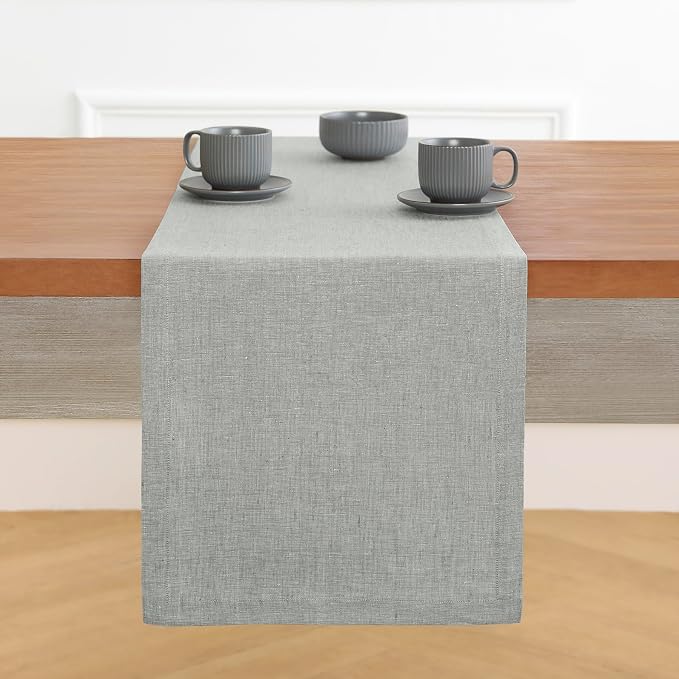 Solino Home 100% Pure Linen Table Runner Chambray Grey, Athena 14 x 144 in | a graceful centrepiece for dining and gatherings, European flax fibres, mellows with every wash, soft, OEKO-TEX Certified