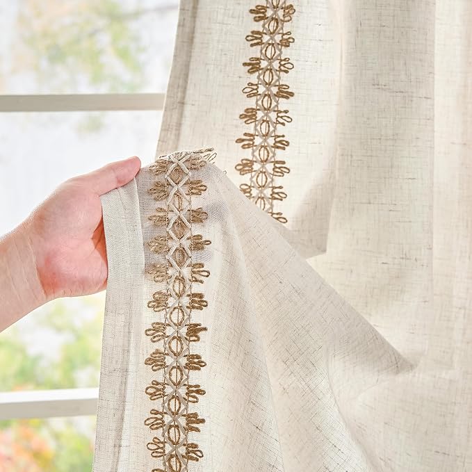 jinchan Beige Linen Curtains with Woven Trim Back Tab 50 x 84 Inch 2 Panels | Semi sheer light filtering, modern farmhouse curtains for living room and bedroom, back tab rod pocket, machine washable