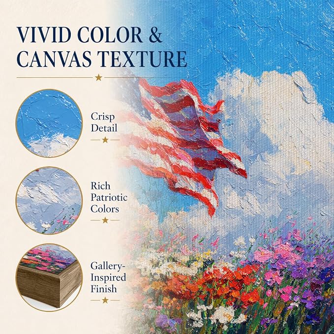 American Flag Framed Canvas Wall Art, 4th of July Patriotic Canvas Prints | Wildflower Landscape Poster Print, Vintage Rustic Independence Day Wall Decor for Bedroom Living Room Office 6×8in
