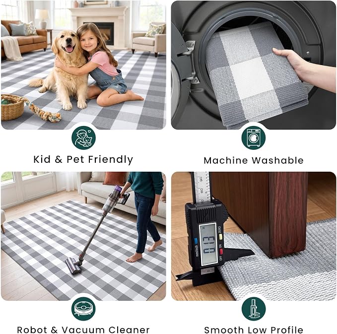 KOZYFLY Buffalo Plaid Area Rugs 2.3x3.6 Ft Grey and White Door Rug | Washable Front Door Mat, Woven Cotton Indoor Outdoor Rug, Checkered Doormat for Front Porch Kitchen Entryway Patio Farmhouse