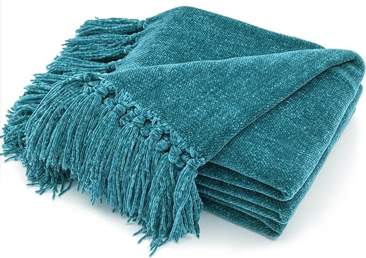 RECYCO Chenille Throw Blanket for Couch, 60"x80", Teal | Super Soft Knit Throw Blanket with Fringe Tassels, Lightweight Knitted Throw, Cozy, Ideal for Sofa Chair Bed Living Room Gift