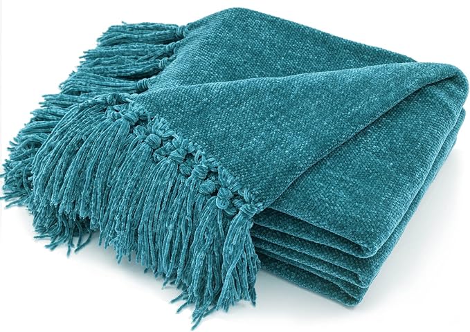 RECYCO Chenille Throw Blanket for Couch, 50"x60", Teal | Super Soft Knit Throw Blanket with Fringe Tassels, Lightweight Knitted Throw, Cozy, Ideal for Sofa Chair Bed Living Room Gift