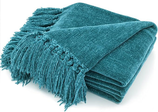 RECYCO Chenille Throw Blanket for Couch, 50"x60", Teal | Super Soft Knit Throw Blanket with Fringe Tassels, Lightweight Knitted Throw, Cozy, Ideal for Sofa Chair Bed Living Room Gift