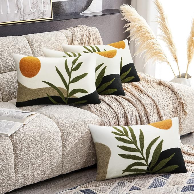 Merrycolor Boho Lumbar Throw Pillow Covers 12x20 Tufted Abstract Mid Century Modern Pillowcases Bohemian Aesthetic Decorative Pillows for Couch Bed Sofa Living Room (1PC,Green and Black)