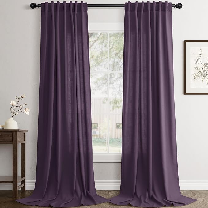 Jowels Plum Linen Curtains 84 Inch Long 2 Panels for Living Room | Light Filtering Semi Sheer Curtain, Back Tab Pocket Pleated Look, Boho Farmhouse Textured Privacy Drapes for Bedroom Window