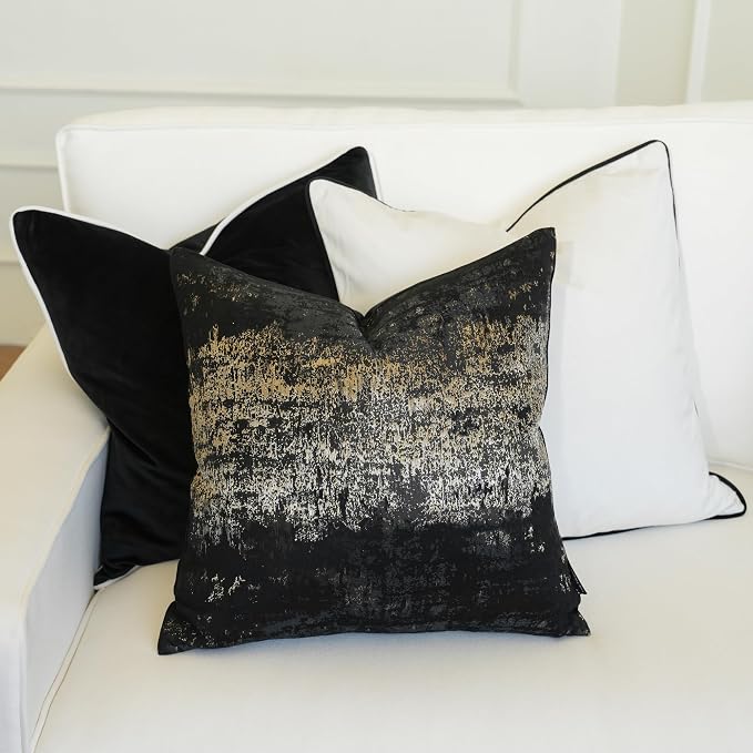 THE-TINOART Black Champagne Metallic Jacquard Pillow Covers 20x20 Pack of 2 Velvet Back Modern Glam Sofa Decor