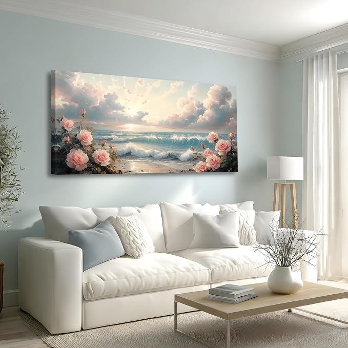Haichuang Decor Art 40x20 Inch Pink Rose Ocean Canvas Wall Art, Sunset Beach Flower Seascape Print, Framed Ready to Hang for Living Room Bedroom Bathroom, Coastal Floral Wall Decor