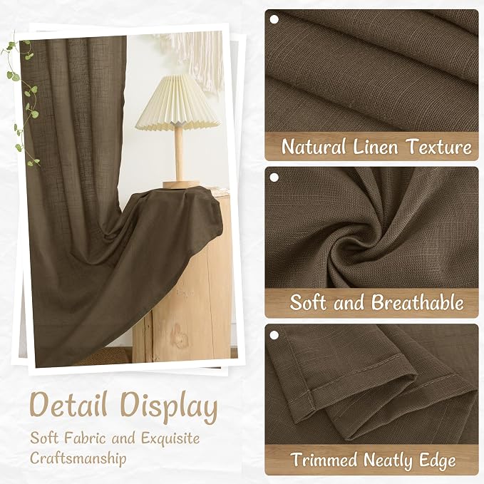 Brown Sheer Curtains 102 Inch Faux Linen Back Tab 2 Panels