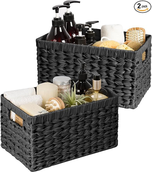 GRANNY SAYS Black Wicker Basket,Decorative Woven Baskets for Storage,2-Pack | Waterproof Plastic Black Baskets for Shelves,Storage Basket Organizer,Wicker Storage Basket for Organizing,Black Woven Basket