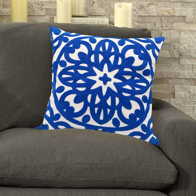 Alysheer Embroidered Decorative Throw Pillow Cover 18x18 inch, Classic Boho Mandala Chic Knit Pattern, 100% Cotton Canvas Cozy Cushion Case for Sofa Couch Living Room Bedroom(Royal Blue)