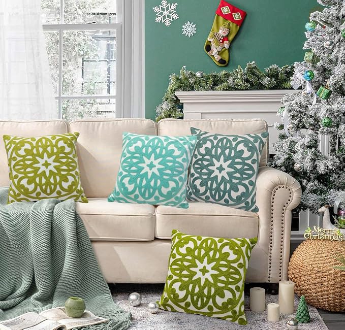 Alysheer Embroidered Decorative Throw Pillow Covers 18"x18" Set of 2 Pieces, Boho Mandala Classic Chic Pattern, Durable 100% Cotton Canvas Cushion Cases for Sofa Couch Living Room(Dusty Aqua Blue)