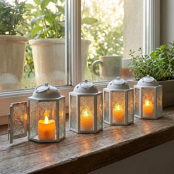 VELA LANTERNS Mini Moroccan Tea Light Candle Holder Lanterns – 4.25" Small Decorative Lantern for Table or Hanging, Metal with Glass Panels – Ramadan, Wedding, Home Decor, Matte White (Set of 4)