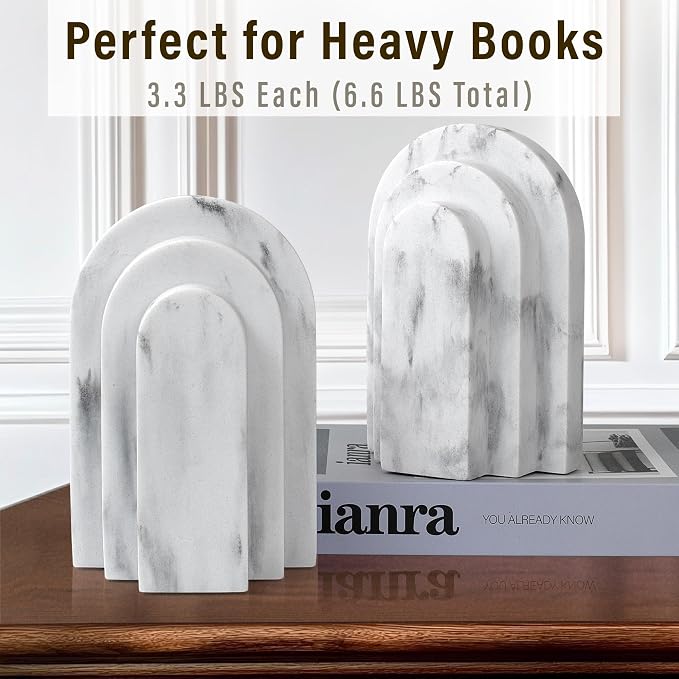 LIN CHUAN Heavy Duty Bookends for Shelves, Set of 2, Marble White Look | Book Ends for Heavy Books, Decorative Book Stopper with Faux Sandstone Finish, Layered Arch Design Bookshelf holder, 6.6 lbs