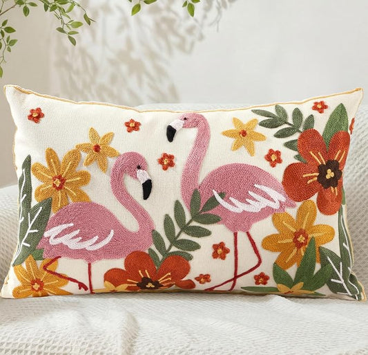 Embroidered Lumbar Pillow Cover 20x12 Inch - Summer Boho Decorative Pillow Cover with Zipper for Couch Sofa Living Room Cushion Pillowcase, Flamingos Floral