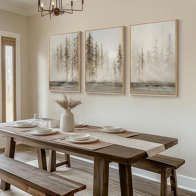 Large Framed Neutral Abstract Landscape Wall Art for Living Room, 24x36 In | Forest print, Pine tree picture, 3 piece, Modern, Canvas artwork, wall art bedroom, Dining room wall decor, Solid wood frame