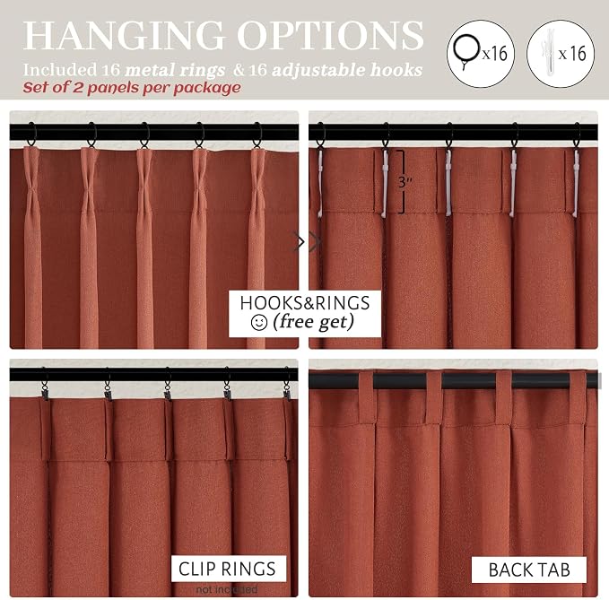 Burnt Orange Flax Linen Sheer Curtains 84 Inches Long for Living Room, Country Cottage Core Pinch Pleated Light Filtering Semi Through Drapes 84 Inch Length 2 Panels for Dining Room Fall Window Burg