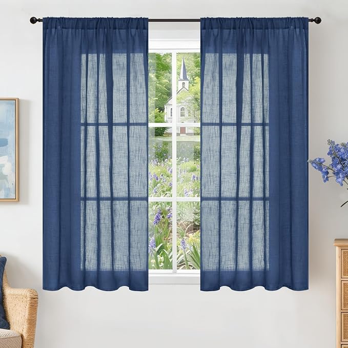 BGment Navy Blue Linen Curtains 48 Inch Length for Windows, Semi Sheer Drapes Light Filtering for Short Bedroom Living Room Bathroom Decor Lightweight with Rod Pocket, 2 Panels Set, Each 42 Inch Wide
