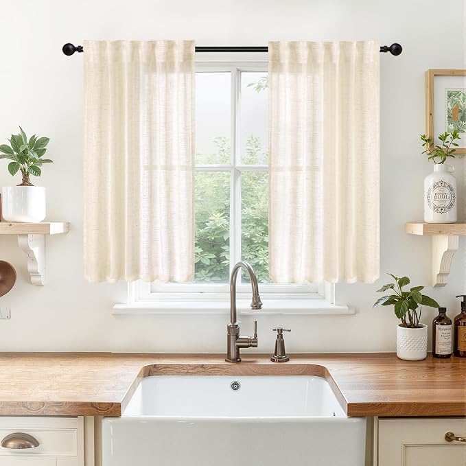YoungsTex Linen Semi Sheer Curtains 45 Inch Length for Kitchen Cafe Window | Short Drapes with Back Tab Rod Pocket Lightweight for Bathroom Small Window Over Sink, Cream Beige, 2 Panels, 34 X 45 Inch
