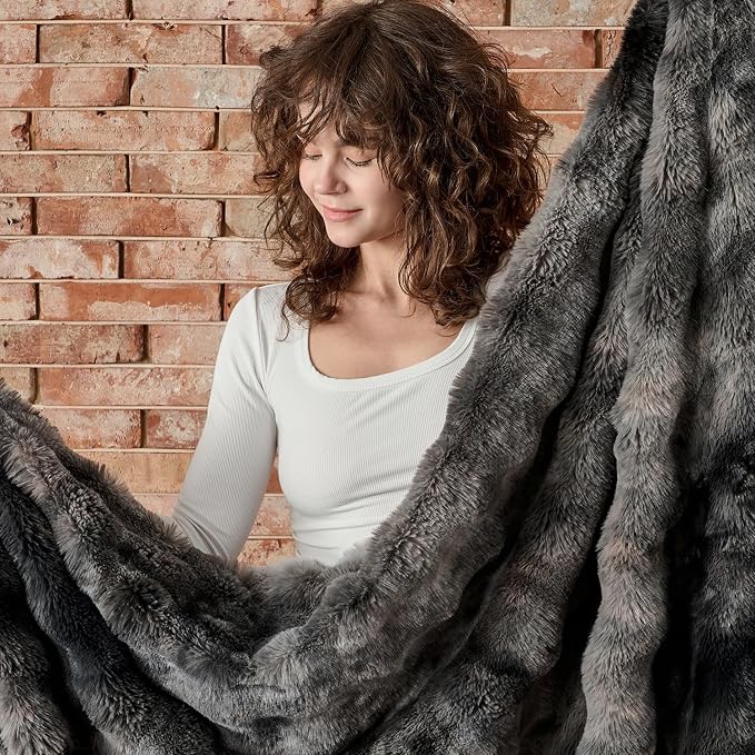Lotus Karen Faux Fur Throw Blanket Tie-Dye Dark Gray - Big Bubble Rabbit Fluff Blanket for Couch, Small Fluffy Fuzzy Cozy Blanket, Thick Furry Plush Shaggy Blankets, 50x60 Inches