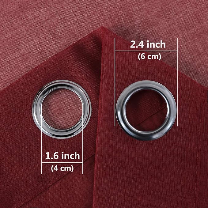 DWCN Burgundy Sheer Curtains, Faux Linen Grommet Window Curtain Voile Sheer Drapes for Living Room Bedroom Thanksgiving Day & Christmas Decor Set of 2 Panels 52 x 54 Inch Long, Burgundy Red