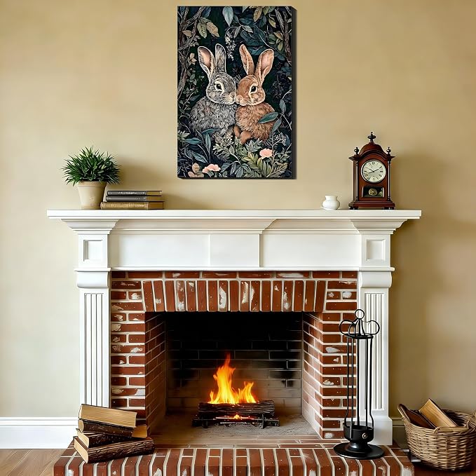 Vintage Framed Easter Canvas Wall Art 24x36, Retro Two Bunnies Pictures Wall Decorations Indoor, Rustic Spring Wall Decor with Cute Rabbit & Florals for Bedroom Living Room Office