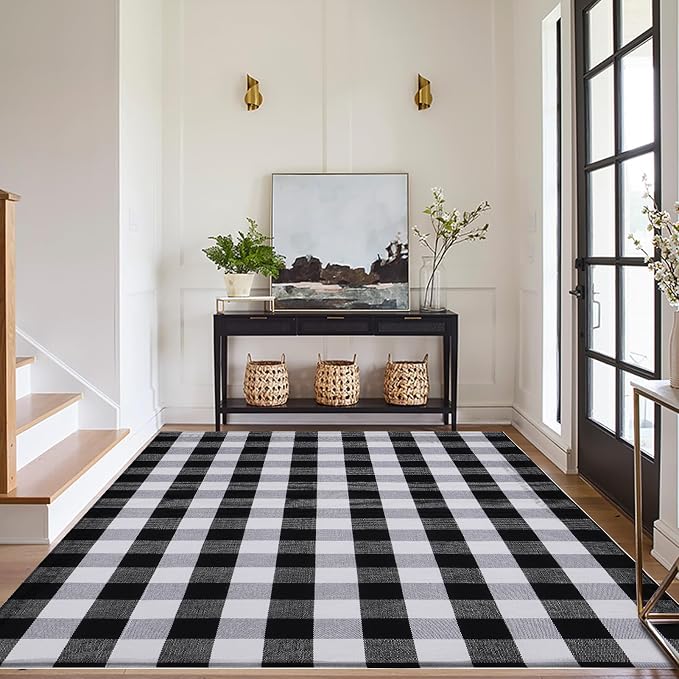Buffalo Plaid Area Rug 5x7 Ft, Black White Indoor Outdoor Rug | Washable Cotton, Black White Checkered, Layering Rug, Front Porch Entryway, Kitchen Patio Decor