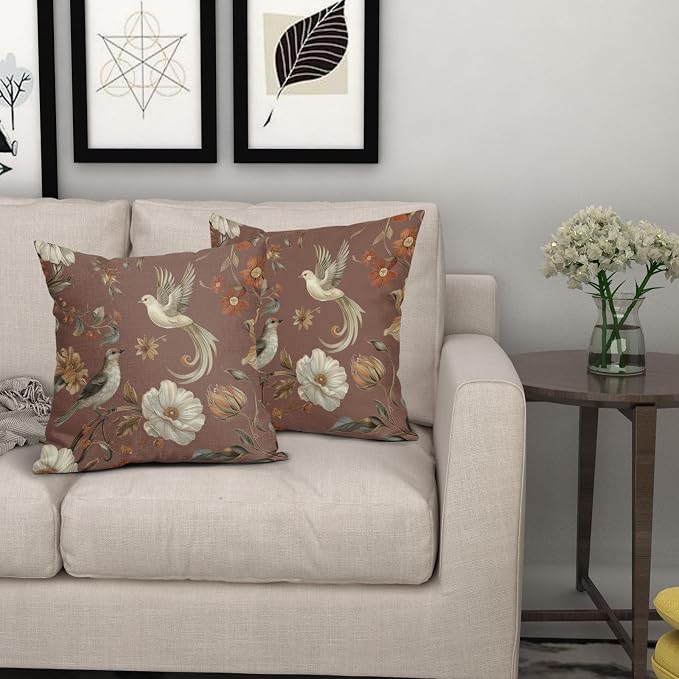 Kawani Vintage Floral Pillow Covers 18x18 Inch Set of 2 Brown Chinoiserie Flower and Bird Outdoor Decorative Throw Pillows Retro Rustic Pillowcases Farmhouse Cushion Covers for Couch Home Decor