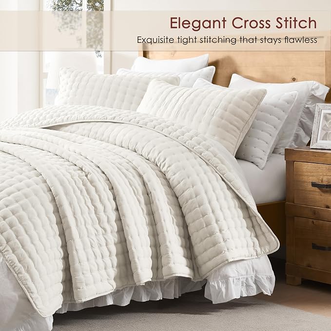 WDCOZY King Size Quilt Bedding Sets with 2 Pillow Shams, Ivory Lightweight Soft Bedspread Coverlet, Quilted Blanket Thin Comforter Bed Cover for All Season, 3 Pieces, 104x90 inches