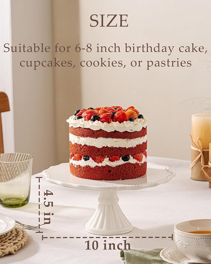 10 Inch Cake Stand, Relief Round Dessert Cake Stand for 8 Inch Cake | Ceramic Cupcake Stand for Birthday, Wedding, Baby Shower, Tea Party and Other Celebrations (White)