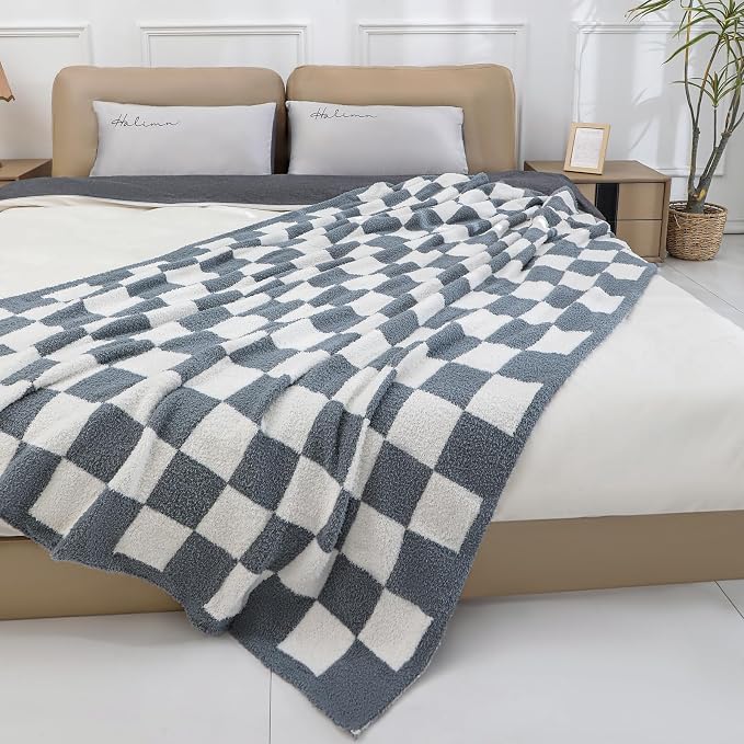 bearberry Soft Plush Throw Blanket for Couch, Cozy Warm & Lightweight | Knitted Fluffy Checkered Comfort Home Decor Gift for Women Mom Her, Sofa Chair Bed, 60x80in, Charcoal Grey