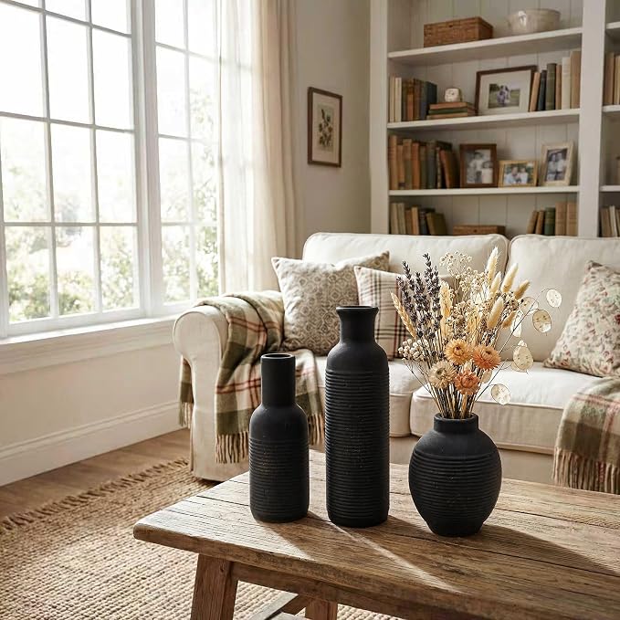 Rustic Farmhouse Vase Set of 3 - Ceramic Decorative Vintage Vases Home Decor - Pampas Grass Dried Fresh Flowers - for Centerpiece, Coffee Table, Mantel Entryway, Living Room, Bedroom (Black)