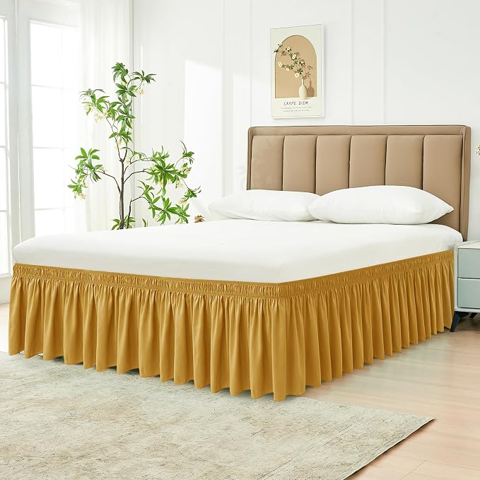 Wrap Around Bed Skirt King Size 18 Inch Drop-Elastic Dust Ruffle Gold | Adjustable Pleated Bedskirt-Easy Fit Wrinkle Resistant Washable Hotel Quality Fabric Bed Skirting-Master Guest Bedroom Rental