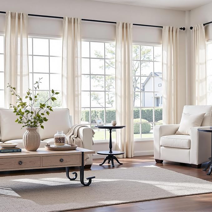 jinchan Linen Curtains Light Filtering Back Tab 38x96 Inch 2 Panels Beige | Semi Sheer Curtains 96 inch length for Bedroom Living Room, Modern Farmhouse Drapes with Rod Pocket, Natural Boho Curtains
