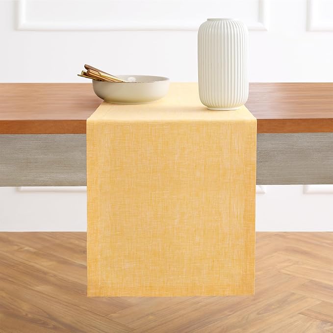Solino Home 100% Pure Linen Table Runner Mustard Long, Athena 14 x 120 in | styles dining tables for meals and celebrations, European flax fibres, betters with age, Chambray Mustard, OEKO-TEX Certified