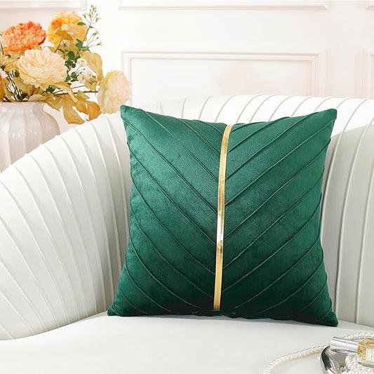 TAOSON Olive Green Gold Leather Velvet Throw Pillow Covers,18 x 18,Set of 2 | Gold Leather Decorative, Cushion Cases, Spring Summer, Sofa Couch Living Room Décor