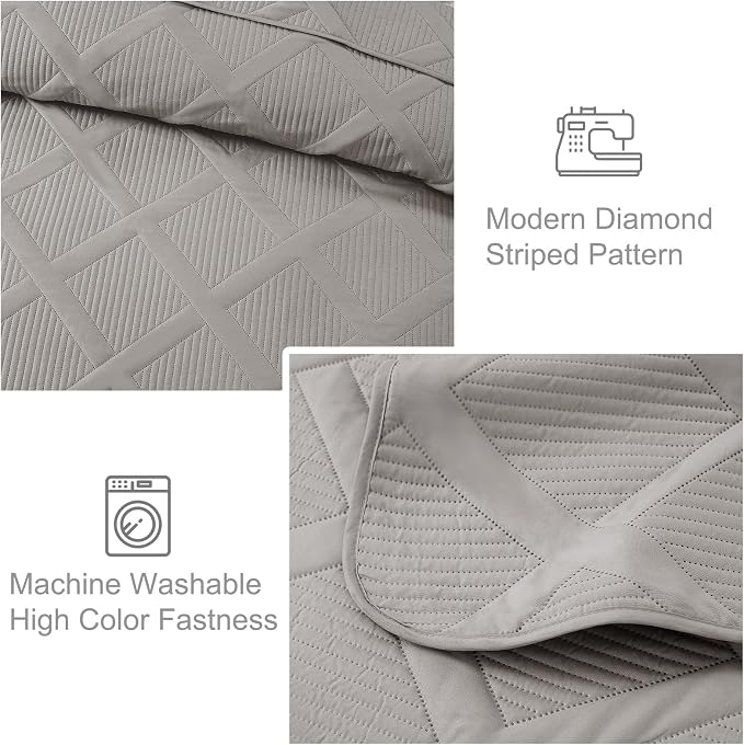 Exclusivo Mezcla California King Size Quilt, Light Grey | Soft Bedspreads with 2 Pillow Shams, Modern Striped Pattern, Lightweight Bedding Set Coverlets for All Seasons, 112x104 Inch