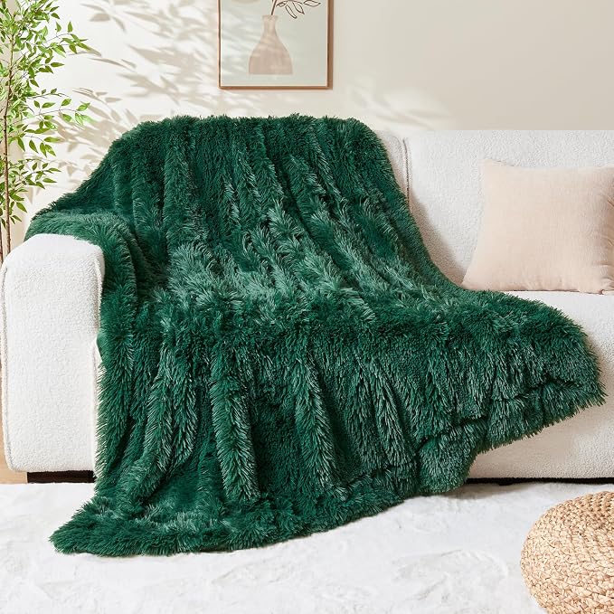 GONAAP Fuzzy Faux Fur Throw Blanket for Couch, Dark Green, 50"x60" | Warm Cozy Plush Shaggy Decorative Reversible Thick Non-Heated Fleece Blanket for Sofa Bed, Gift for Women Men, All Season Use