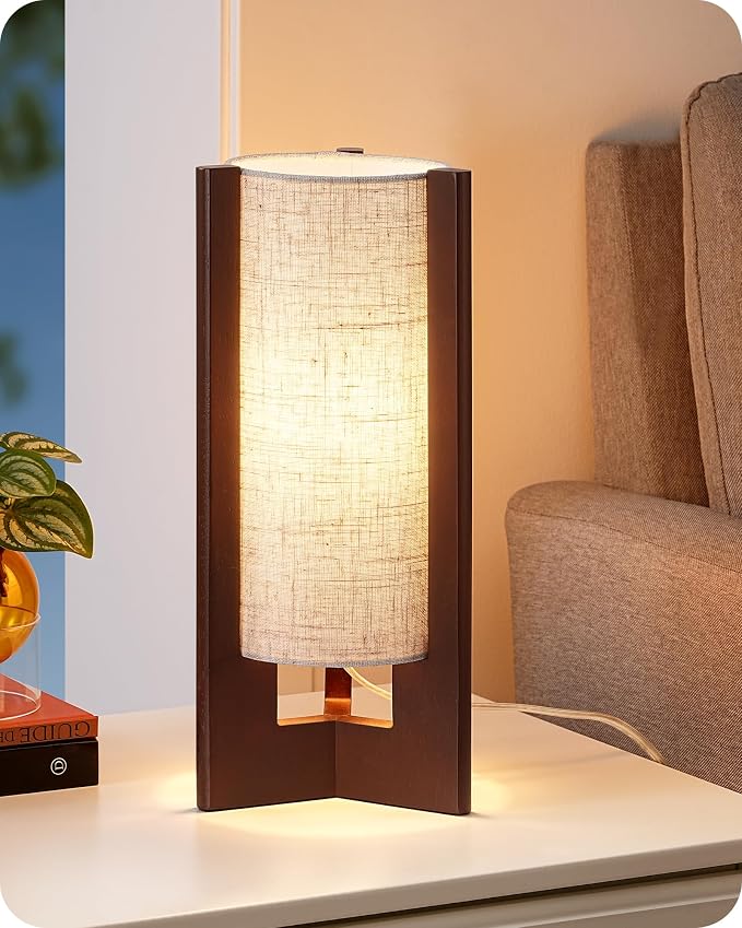 EDISHINE Wood Table Lamp, 13.5" Small Bedside Lamp, Rosewood, E26 Base
